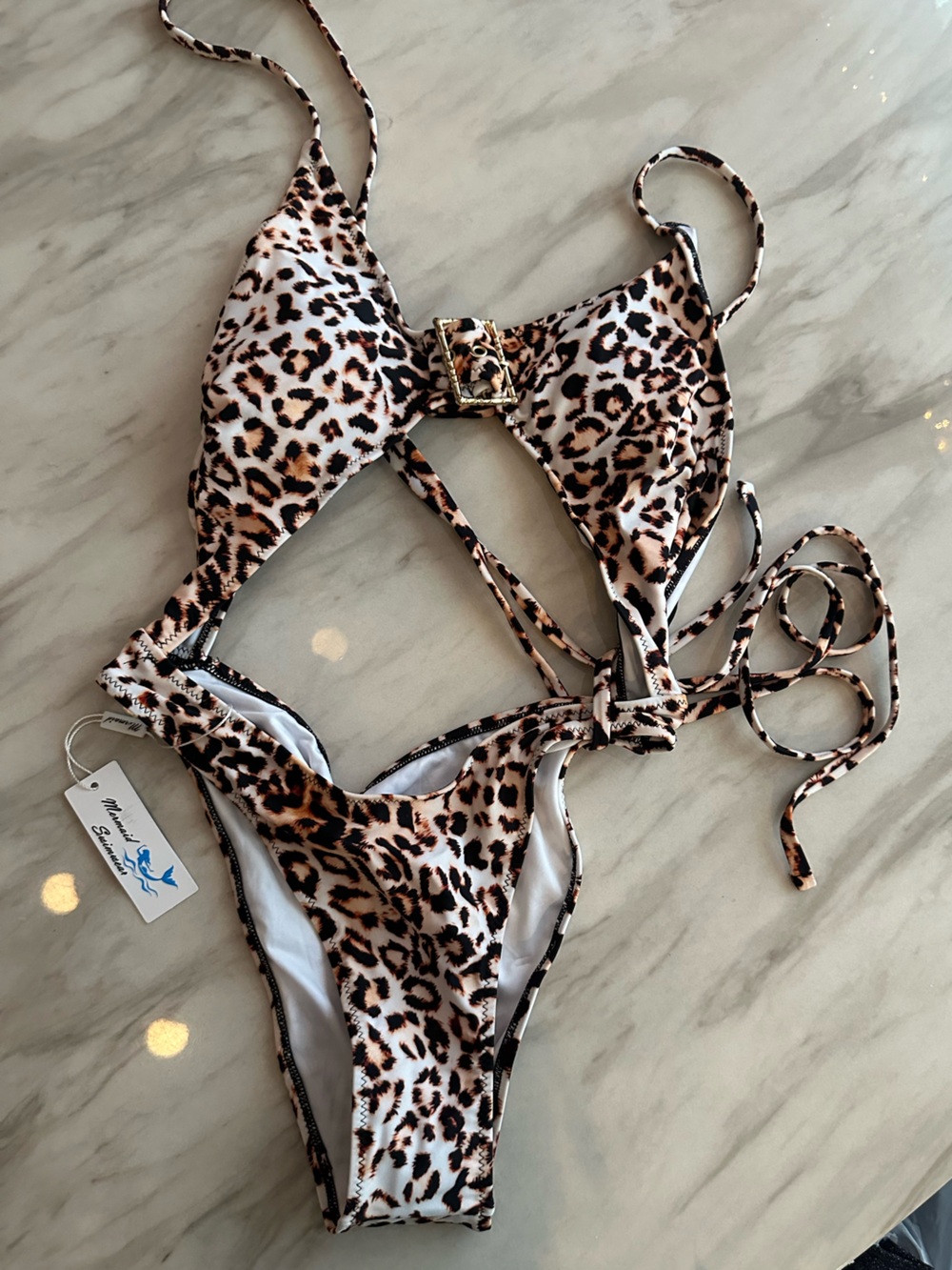 Womans Leopard Print One-Piece/looks like 2 piece Swimsuit - Brown Black White